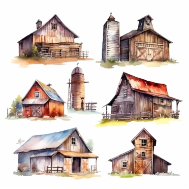 watercolor Old west style barns, illustrations clipart set, simple, , cartoon elements ,different variants , separate elements with a margin