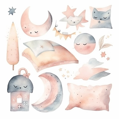 watercolor clipart of cute sweet dreams decor set, half moon sleeping, cute objects, soft watercolor, watercolor paper texture, no background. clear simple shapes.Adorable. High quality