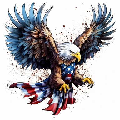 Eagle spread their wings and their feet pounce clipart, and and the American flag blends in with the eagle's feathers, watercolor Illustration clipart, 4K, extremely detailed Sublimation Clipart,Cartoon,hyper realistic, intricate detail, illustration style,high solution,on the white background