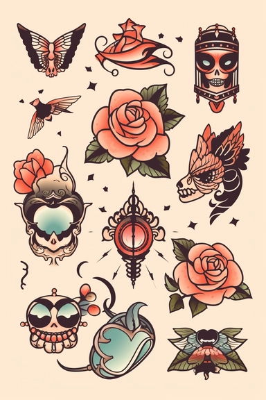 tattoos vector clipart on light background, vector cute collection, in the style of #screenshotsaturday, light black pastel background, flat areas of color, flat color blocks, 1970–present, rough-edged 2d animation, lightbox, colorful animation stills, high quality clipart, front view