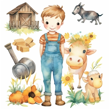 watercolor farm adorable boy clipart white background