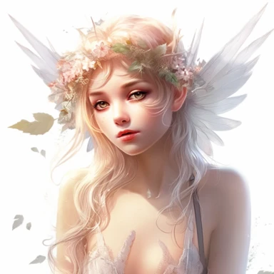 Ethereal Fairy with an ethereal body, highly detailed face, and a mysterious expression, Use dreamlike lighting with soft sunlight falling on the subject’s face and hair, to create an ultra-realistic image that captures the subject’s natural beauty and personality, clipart on white background