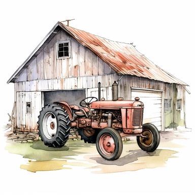 Farm Tractor , barn, farmhouse ,style by Lucy Fleming, watercolor, smooth gradients, black contour outline, ultra detailed, clipart elements, delicate pastel colors, solid white background, super clear, high quality