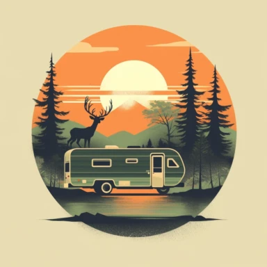 A retro-style logo of an RV parked in a forest, with trees, a deer, Indiana Jones, clipart, and the sun in the background. The art style is minimalist and iconic, with simple shapes and bold colors. The artist who inspired this logo is Paul Rand. The scene depicts the RV parked by a river, with trees and mountains in the background. The color temperature is warm, with shades of orange, brown, and green creating a sense of coziness and comfort. The deer is standing next to the RV, looking out at 