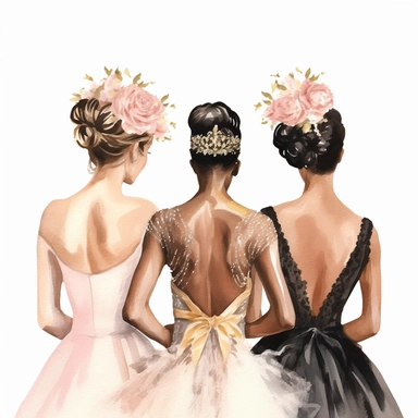 glamour dolce & gabbana half body back shot, watercolor white wedding dress bride wedding black bride hairstyle with beautiful gold headpiece clipart, + two black bridesmaids in pink dress black hair, hd, isolated on white background, spaced out ar 3:2
