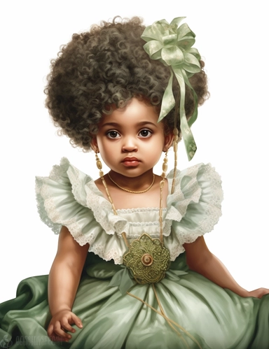 gorgeous african american baby girl with green eyes in vintage victorian dress, clipart, Composition: Relaxed position with intricate high hairstyle, Style: gothic, white background, hyperrealism, 32k