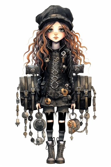 watercolor mixed media goth steampunk girl entire body with goth steampunk backpack school illustration clipart by holly hobbie