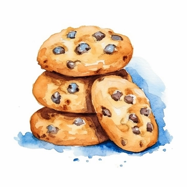 watercolor, hand drawn fresh baked chocolate chip cookies clipart, hd, white background, spaced out--ar 3:2