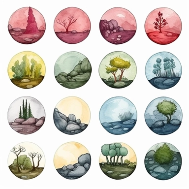 Watercolor wax seal , illustrations clipart set, simple , cartoon elements, rocks, bushes , different variants , , separate elements with a margin