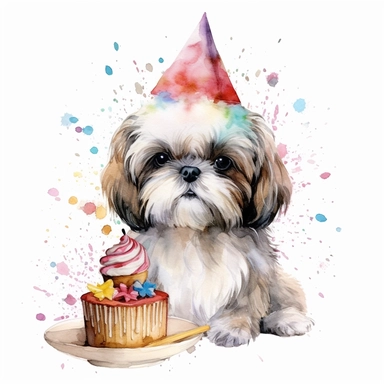 watercolor, clip art, a Shih Tzu wearing a party hat and eating cake, birthday, happy face, isolated on a white background