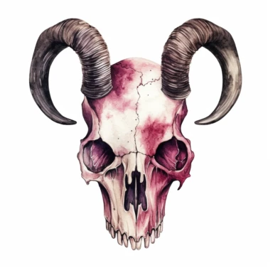 Vintage Halloween animal skull with horns, dark pink and black color, watercolor, clipart, illustration, white background no watermarks