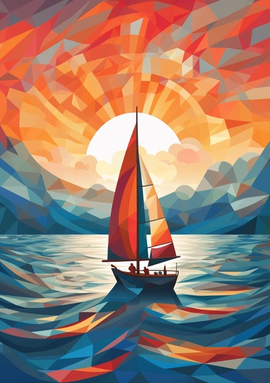 isolated clip art image cubism art style themed sailing boat on the horizon, ocean