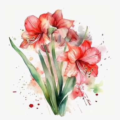 watercolor illustration of Amaryllis flowers, watercolor clipart, watercolor splashes, spring boho vibes, 4k uhd, realistic floral portrait, white background