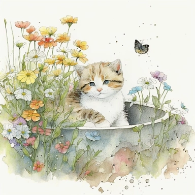 watercolor and pencil drawing of an cute kitten playing in a garden bed of flowers, ​happy, gentle smile, beautiful watercolor ink wash coloring, thick pencil lines, Jon klassen, beatrix potter, popular on etsy, watercolor illustrations clipart, watercolor illlustrations for kids and children, plain white background