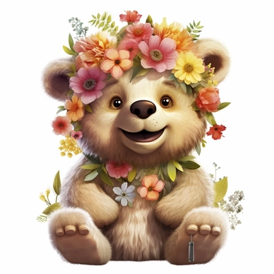 Cute Beautiful Happy Face Bear Flowers On Head Full Body Clipart,Cartoon, hyper realistic, intricate detail, illustration style,high solution,on the white background