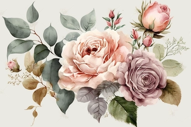 watercolor blush roses bouquet, isolated, white background, clipart