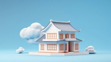3d Japanese style house icon float with cloud isolated on blue background. real estate trading, dream house concept,, clipping path, hyper realistic, photorealistic, highly detailed,