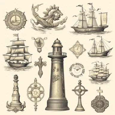 maritim symbols, vintage, clipart, 8k, high detail, white background