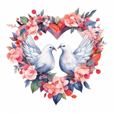watercolor clipart of wedding doves kissing inside a floral heart wreath, colored ink illustration, good composition, vector, contour, isolated white background, 26k