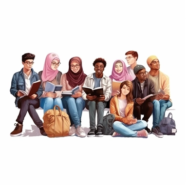 Diverse school group: realistic Illustration of teenage students from different ethnicities and cultures studying together, representing diverse educational environments. clipart, isolated on white background, 4K