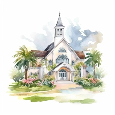 wedding venue, church, adorned with floral arrangements, watercolor clipart, realistic, bright colors, minimalist, isolated white background, 8k