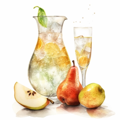create a beautiful high quality and highly detailed watercolor clipart image of a tall skinny wine glass filled with pear and ginger sparkler next to a old fashioned glass alcohol carafe full of pear and ginger sparkler, include fresh fruit in the carafe of pear and ginger sparkler, make it look refreshing, white background, no text, no font, no watermarks