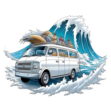 Create a dynamic image of a van conquering a massive wave, surfboards poised for adventure, with a stunning coastal cliffside as the backdrop, against a pristine white canvas, illustration style, white background, clipart, PNG pure white background, high resolution, hyper detailed, best quality, high detailed illustration