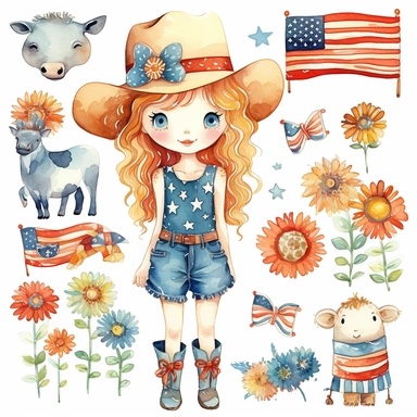 watercolour graphics collection including 4th of July cliparts: USA flag, cow in a USA flag bandana, hippy bus, American map in the American flag colours, cowboy boots with American flag colours, sunflower bouquet with the American flag, white background, in the style of emily balivet, soft, blended colors, contrasting colors, kawaii manga, floral explosion, vector, cartoon animated