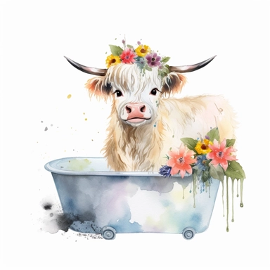 watercolor clipart of an adorable white highland cattle calf with black spots around the eyes and black ears sitting wet in a tub filled with water and flowers, happy, smiling, sunny and warm day, hand drawn style, white background