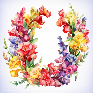 Watercolor Painting of beautiful multi - headed Snapdragon Wreath FLOWERS on white background DETAILED ILUSTRATION, Flora Design Patterns, Flemish Baroque by Rachel Ruysch, Behance, Rococo, Intricate Detailed, Soft Light Effect, Oil Paint Strokes, Light Academia Aesthetic Flowers, Lighting cinematic, all shown shimmering stamens, tyndall light, texture, colorful, 8k, fantasy, ray tracing, vivid, spectacular lighting, octane rendering, highly detailed, ultra - realistic, white background, clipart