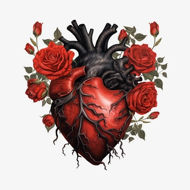 anatomical red heart with black roses clipart, white background