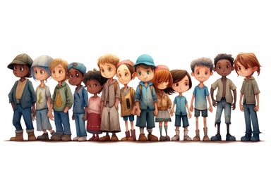 a group of difference nation children standing around in various ways, in the style of medium blue colors, cartooncore, wimmelbilder, free-associative, clipart white background, folk/naïve:, ps1 graphic 16k