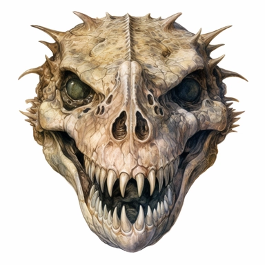 scary face of a crocodile skull demon looking head on, watercolor, ultra high-detail, dark outlines, hyperrealism, white background, clipart