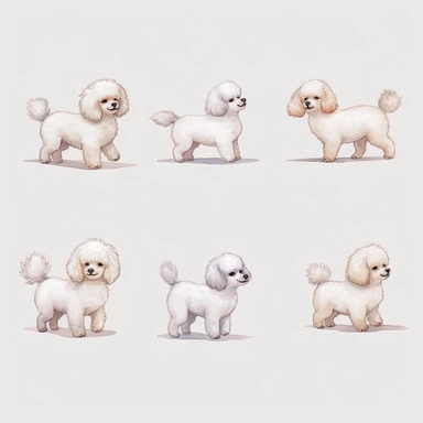 side view cute white baby Poodle clipart set,8k,realistic skin, digital painting, happy expression, running pose, FLUFFY FUR, in the style of watercolor cartoon clipart, kate greenaway style,high resolution, composition free space, vibrant color scheme, watercolour clipart,isolated white background, clipart most popular on etsy, book illustration, featured on dribble,print on demand image, PNG tranparent background,composition medium shot, no text