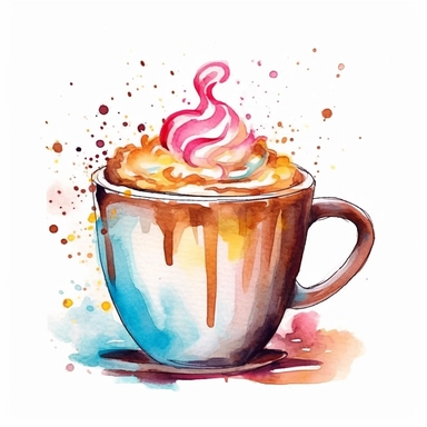 Capture the joy and warmth of a cozy beverage with this watercolor clipart of a hot chocolate cup. The vibrant colors and loose brushstrokes create a lively and energetic atmosphere. The cup brims with chocolatey goodness, and playful splashes of color surround it, representing the joyful experience of sipping a delicious cup of hot cocoa. This watercolor clipart exudes happiness and delight, making it a perfect addition to designs that aim to convey a sense of joy and celebration.