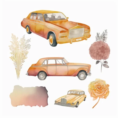 Set of watercolor wedding car or limousine clipart set flatlay, outline, with Focus on warm orange color, red, yellow, color pastel, high quality, aesthetic style, illustration isolated on white background