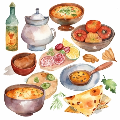 Watercolor illustration of indian cuisine clipart, created by WorldFoodArtX, showcasing vibrant colors, delicate brushwork, and cultural authenticity, perfect for menu design, food blogging, recipe books, or educational projects