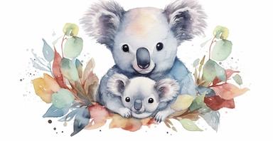 cute happy mom and baby koala, clipart, watercolor, full body, with trees on the background