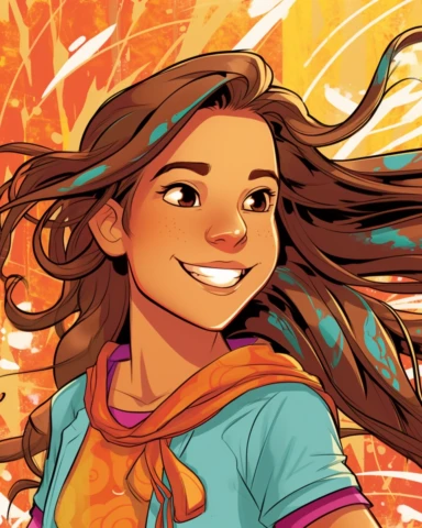 Blend of comic book art and lineart in full natural colors. A full-body portrait shot of a bright and energetic 10-year-old Irish Italian Indian girl. She has long, flowing brown hair with a few braids or colorful hair clips that add a playful touch. Her eyes are wide and curious, reflecting her youthful innocence and curiosity. She dresses in comfortable and age-appropriate clothing, such as jeans or leggings paired with colorful tops or t-shirts. She often wears sneakers or cute ballet flats t