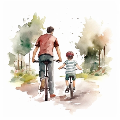Father and child enjoying a bike ride or going for a walk in the neighborhood, water color style, clipart, white background