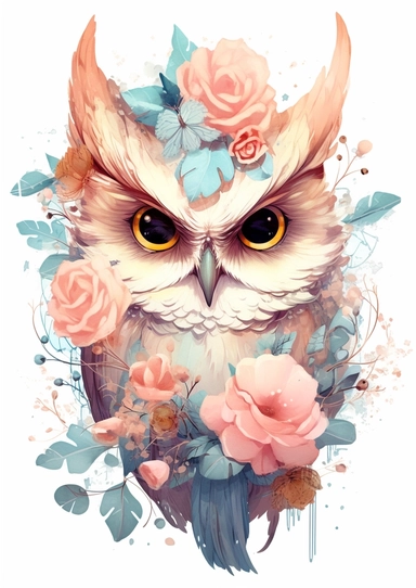 Cute Owl with gold rose clipart, in the style of pink and aquamarine, feminine portraiture, sparklecore, chinese painting, floral explosions, flickr, whimsical cartoon-style
