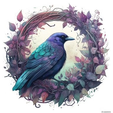 circle clipart, surrounded by frozen vines, a raven, purples and greens, luminous, glowy, illustration, simple, pencil drawn, vivid colors, by amy sol and magali villeneuve and susan bourdet and ross tran, intricate, illustration, 8k, png, isolated on white background