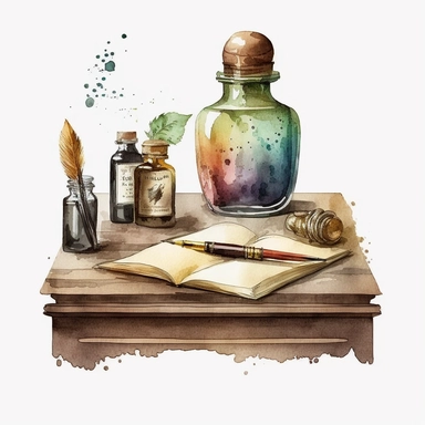 watercolor vintage wooden desk with feather pen inside ink bottle, soft earthy colors clipart, solid white background, high definition
