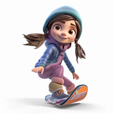 cute young girl snowboarding in action on snowboard, smiling, full body, downhill snowboard clipart, Sport graphics, wide angle, 16k polished, isolated on white background, 3d, rendered by pixar