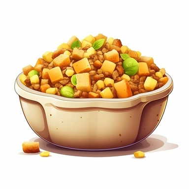 clipart, cute bowl of stuffing, Thanksgiving, isolated on white background