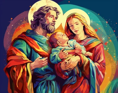christmas cliparts, joseph clipart, jesus clipart, and infant Jesus cliparts, in the style of colorful absurdism, uniformly staged images, detailed crosshatching, bold, colorful, large-scale, massurrealism, uhd image, caravaggism