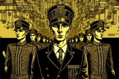 vienna secession, new masses officers worker connected with servermachines, golden stitch, inked, clipart, golden patterns, art by Berthold Löffler art by ChrisWaikikiAI,