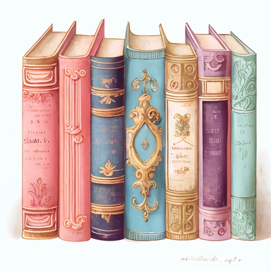 watercolored image of 8 antique books , on a shelf , with decorative borders , clip art , baroque style, millennial pink, light azure, purple , pastel orange , blue brown clip art ,white background