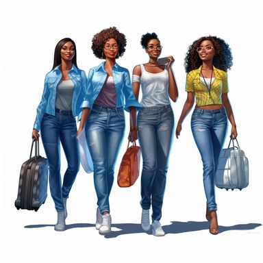 Clipart, four curvy African American woman smiling, all in t shirts and blue jeans with suit cases walking together through the airport, colorful background, hyper realistic, well rendered, cinematic, - - v 5