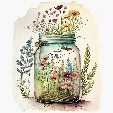 Create a mixed media art piece that incorporates the image of a jar filled with wild flowers, using the wild floral clipart and watercolor wild flowers. This piece should represent a significant moment or turning point in your personal journey as a woman. Consider incorporating specific flower types or colors that resonate with you, using the colors and textures of the watercolor flowers to communicate the emotions and themes of your journey, such as growth, beauty, and resilience. The image sho